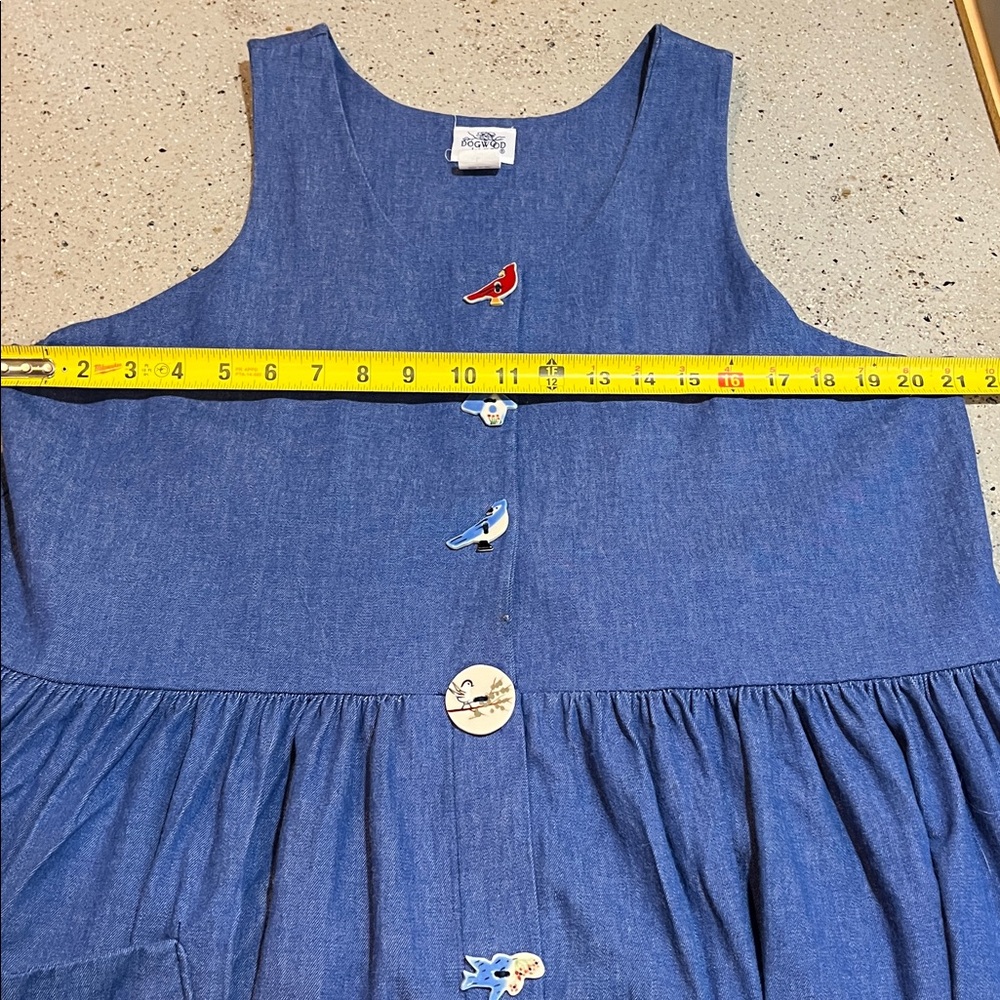 VINTAGE DOGWOOD LANE CHAMBRAY JUMPER DRESS WITH BIRD SHAPE BUTTONS BLUE SIZE L - Picture 12 of 13